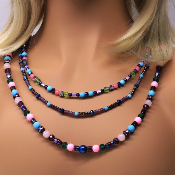 My Bead Emporium Jewelry - Necklace Three Strands Assorted Colors Slide Bar Clasp